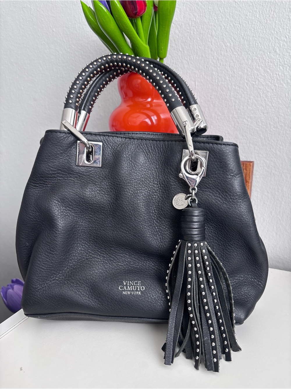 Vince Camuto Black Pebbled Leather Stud-Handle Satchel with Tassel